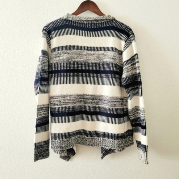 B Sharp open front cardigan sweater sz L waterfall collar blue off white stripe - Picture 3 of 5
